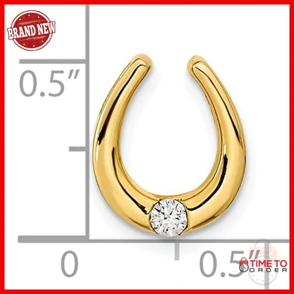 14k Yellow Gold Horseshoe Pendant Necklace with Clear Gemstone, Good Luck Charm